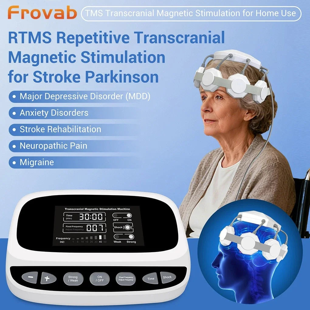 Frovab RTMS brain stimulation machine for Parkinson and stroke recovery with wearable white headset and control unit.