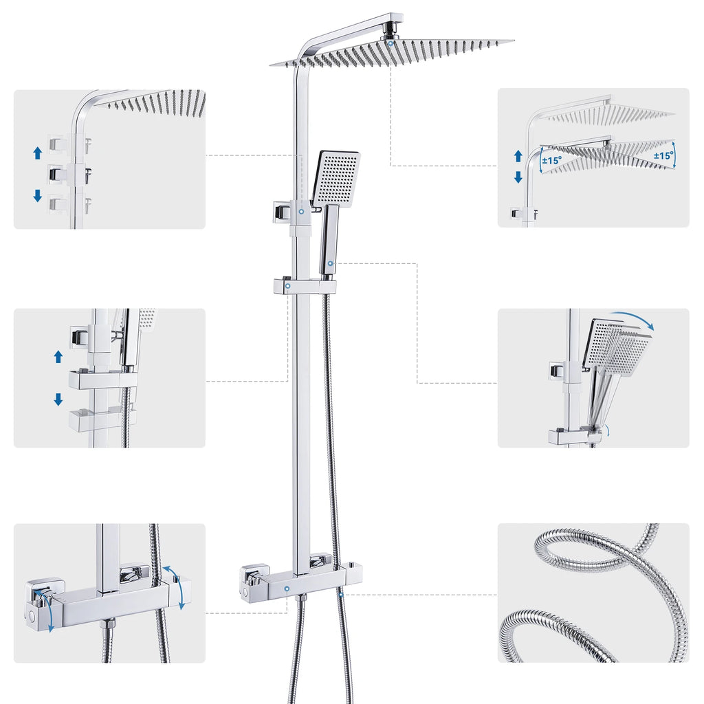 Auralum Thermostatic Shower Column, 38°C Thermostatic Mixer, Stainless Steel Shower System, Brass Faucet,12 inch, Chrome