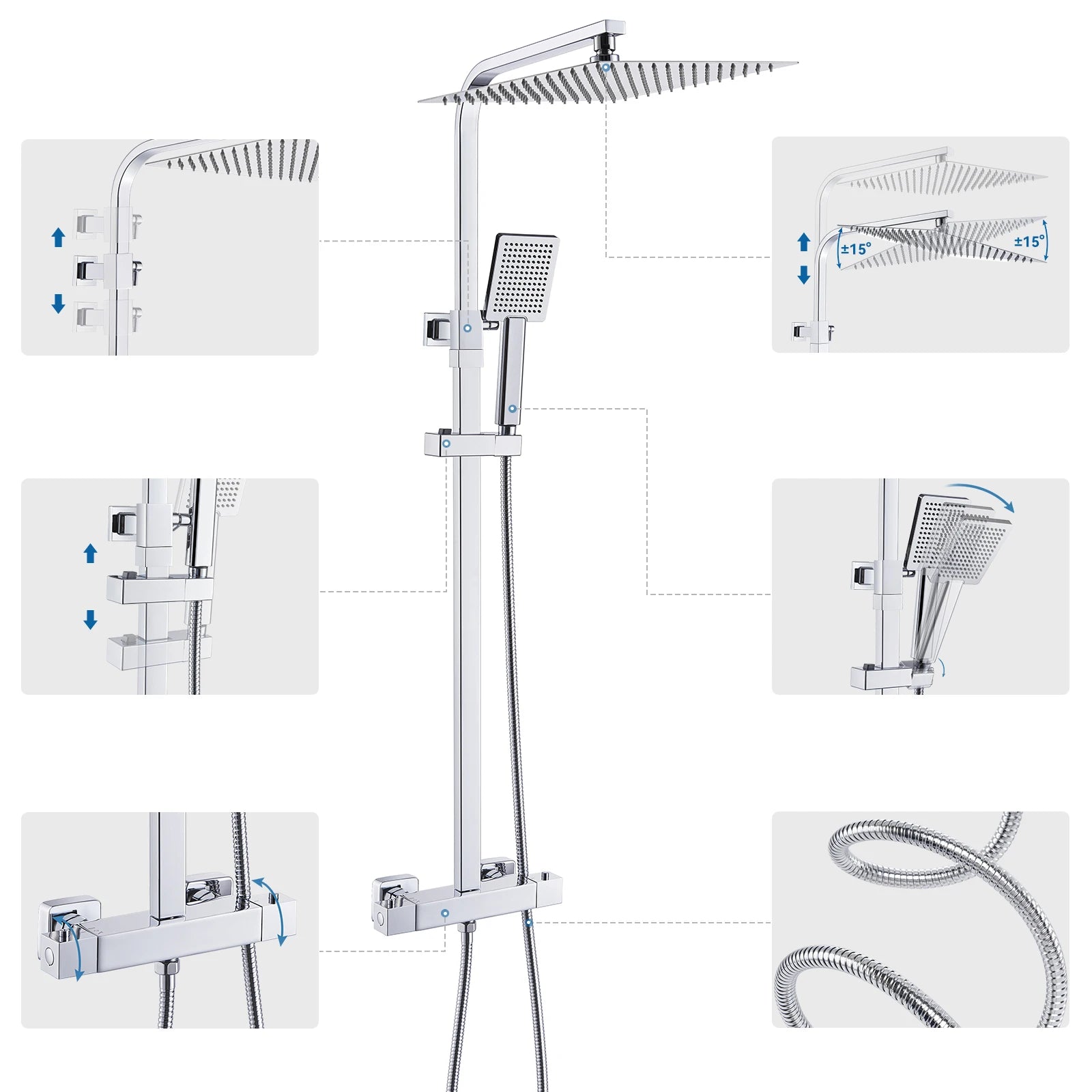 Auralum Thermostatic Shower Column, Stainless Steel with Brass Faucet, 12 inch Large Head Shower, 0.8-1.24 m, Shower System, Chrome, Square