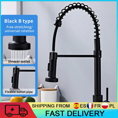 Matte black pull-down kitchen faucet with arched spout and coiled spring hose
