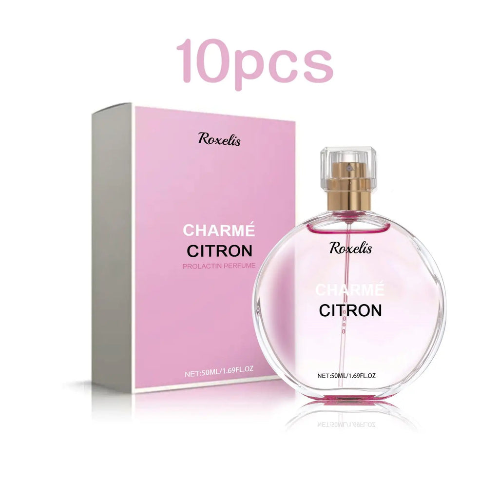 Roxelis Charme Citron 50ml round pheromone perfume spray for women. Elegant floral citrus scent in a glass bottle.