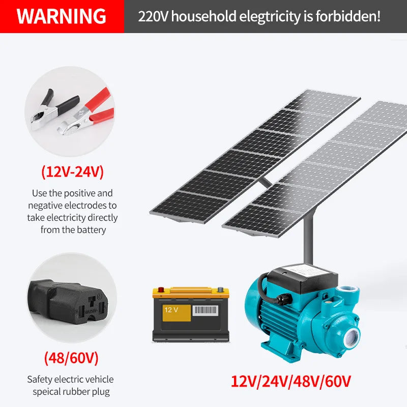 Blue solar battery-powered water pump with warning graphic and mounting base