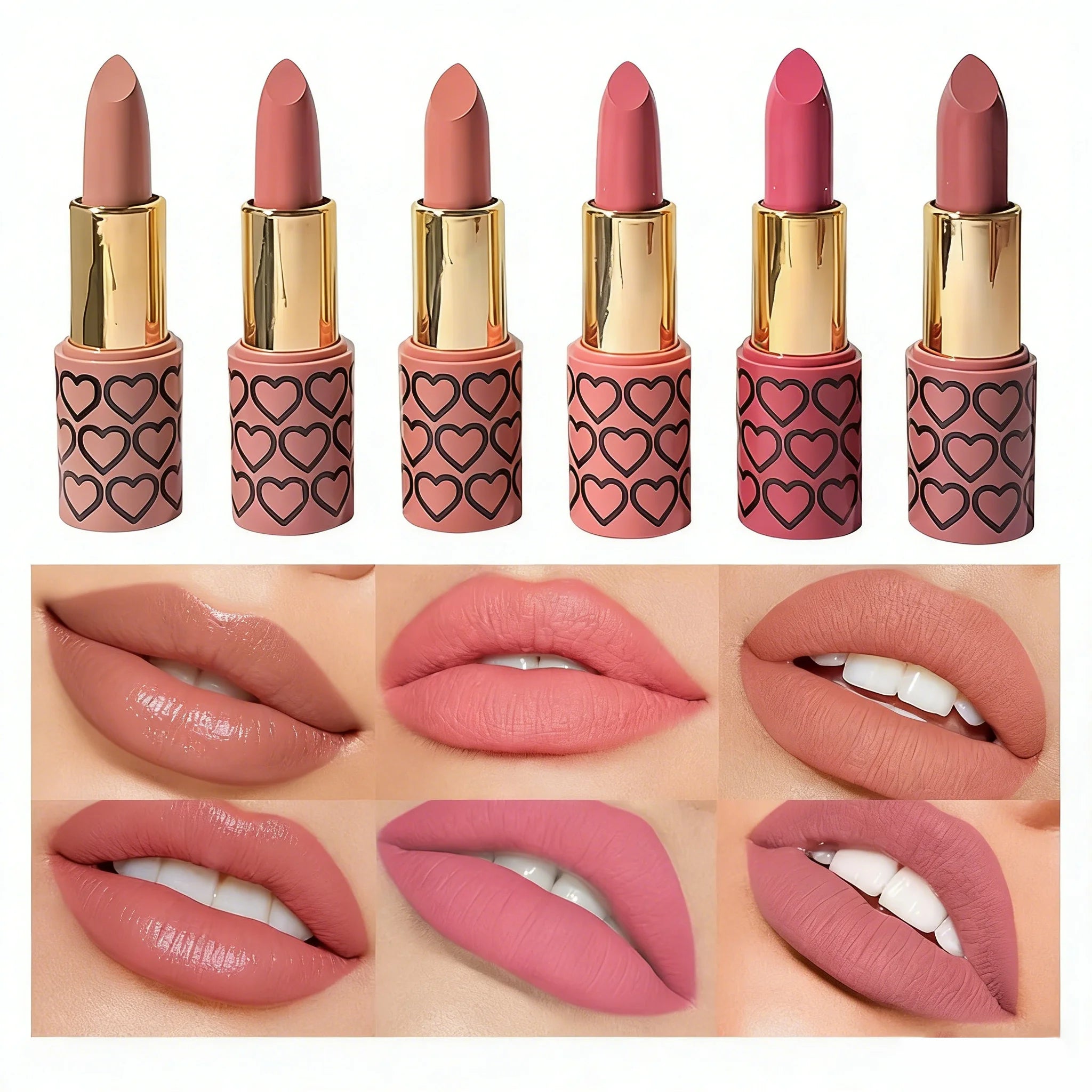 Six matte nude lipsticks in heart-print tubes with long-lasting, highly pigmented, transfer-proof lip makeup swatches.