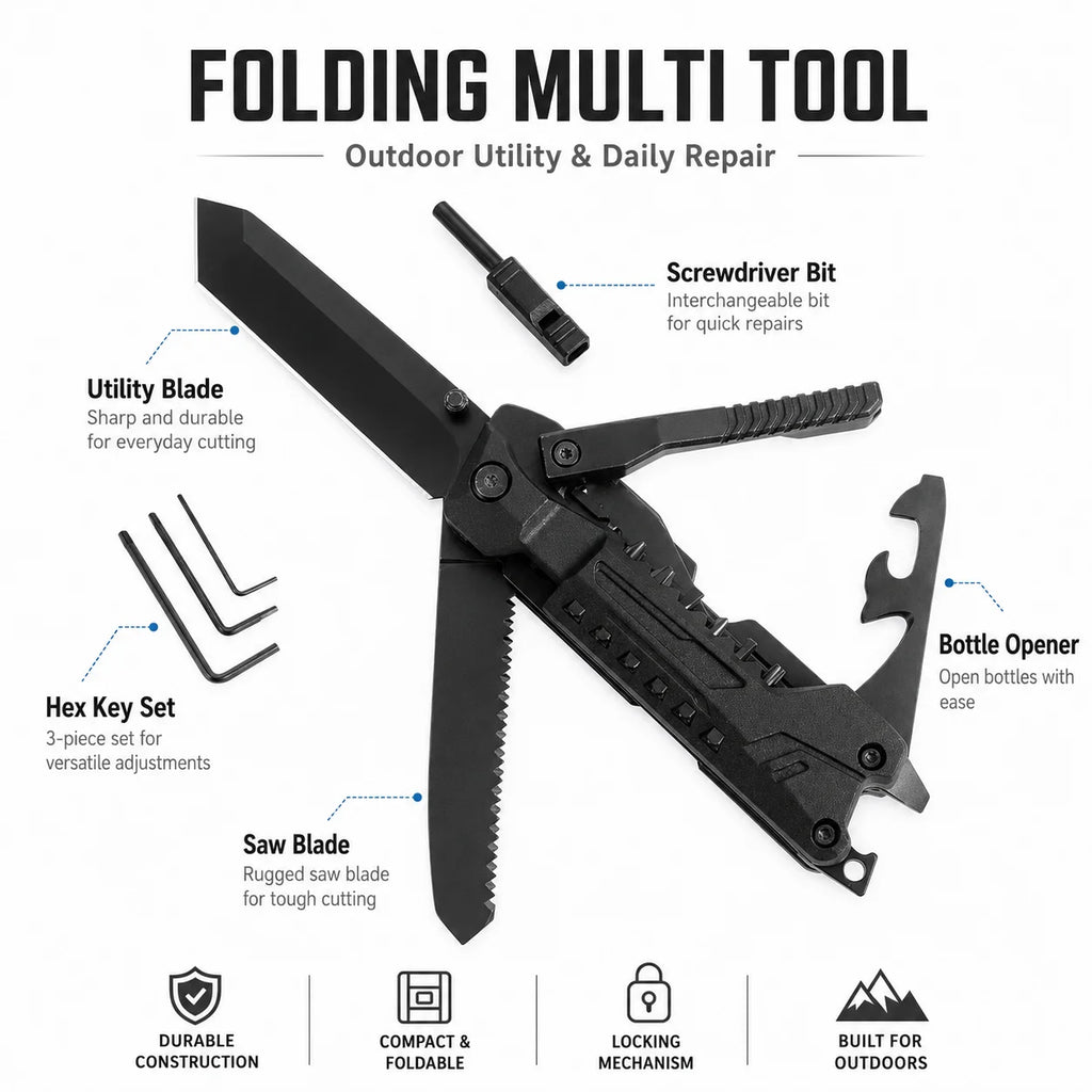Folding Multi Tool with Utility Blade Saw Screwdriver Bit Hex Key Set Portable Outdoor Camping Repair Hand Tool