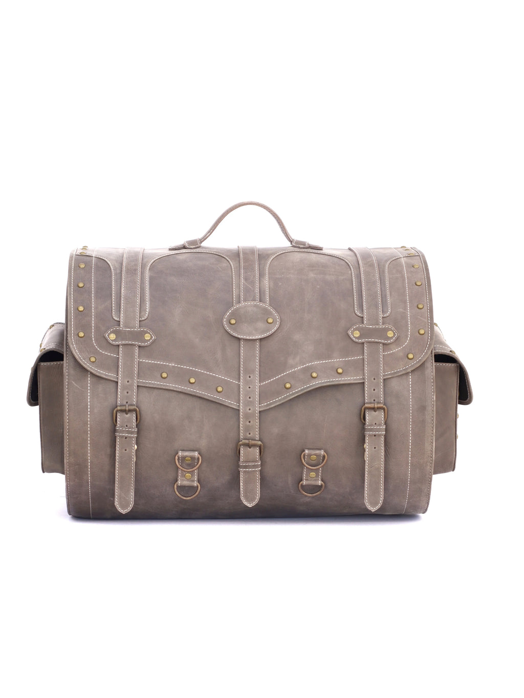 RABADA vintage grey leather trunk bag with brass rivets, buckle straps, and large capacity for men's travel luggage.