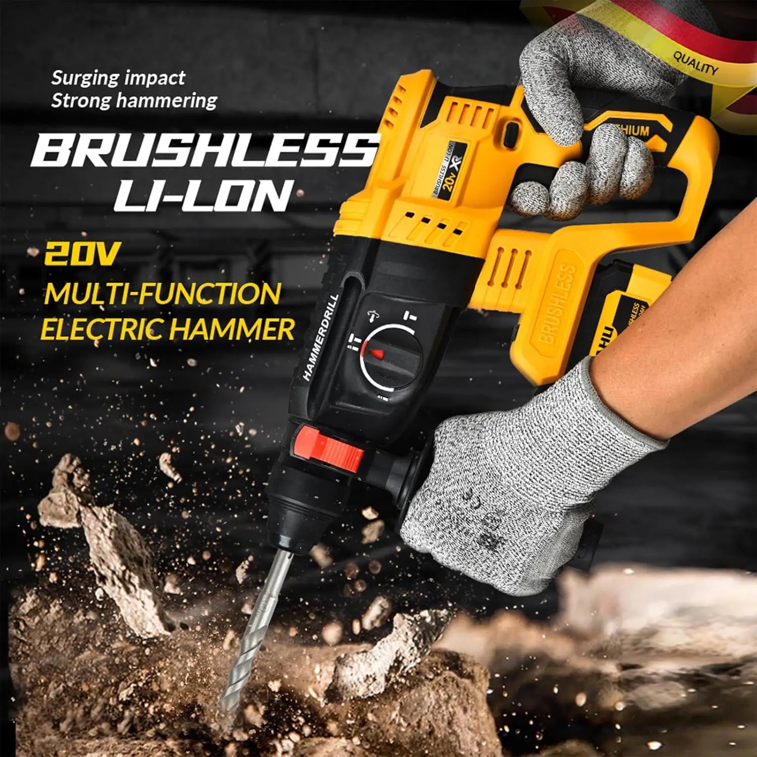26MM Brushless Electric Hammer Drill Cordless Rotary Hammer High Power Rechargeable Power Tool Multifunctional Impact Drill for Concrete Wood Metal Compatible with Dewalt 18V Battery Home Workshop Construction Use