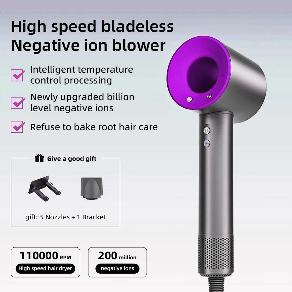 Silver and purple high-speed bladeless hair dryer with 5 nozzles and bracket for fast, ionic, professional hair care.
