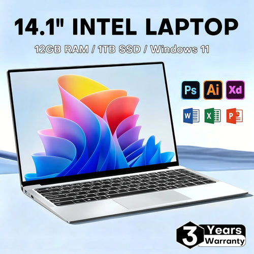 Sleek silver 14.1-inch laptop with thin bezels, black keyboard, large trackpad, and visible side ports.