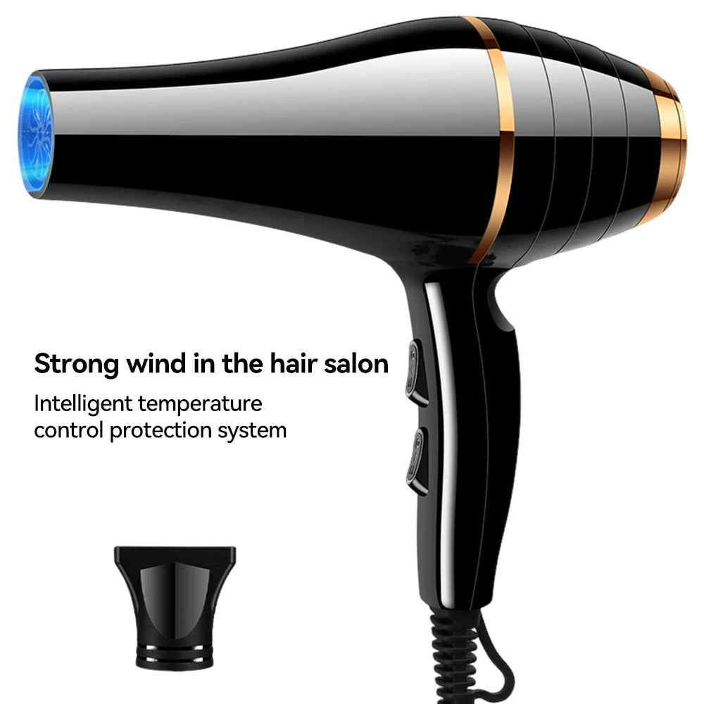 Black and gold professional negative ion hair dryer with nozzle attachment for fast, salon-quality drying.