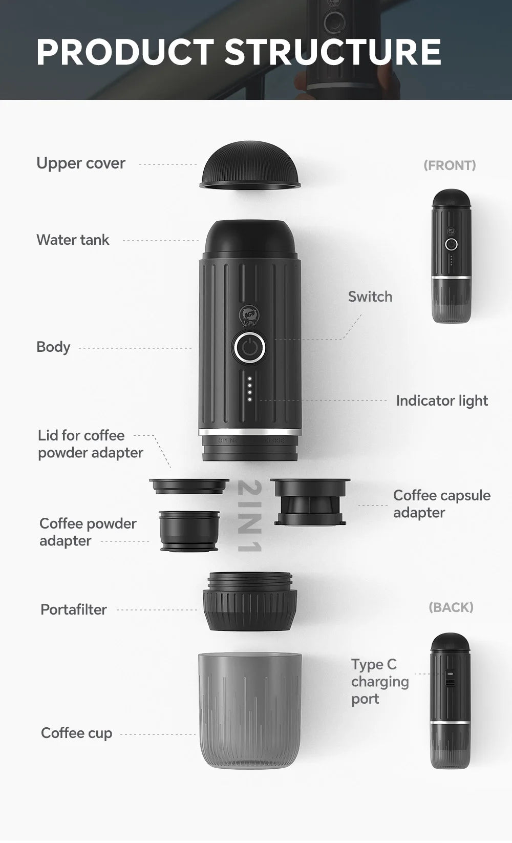 Black portable 2-in-1 espresso coffee maker, showing parts like capsule adapter, powder adapter, and Type-C port.