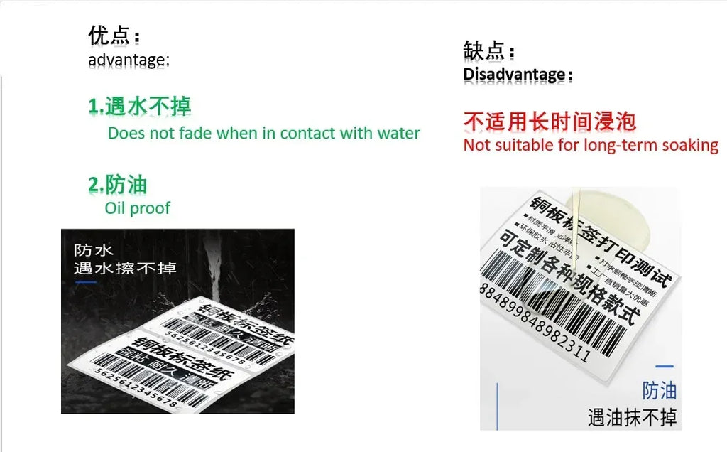 Waterproof label use graphic with white sticker and barcode showing water resistance