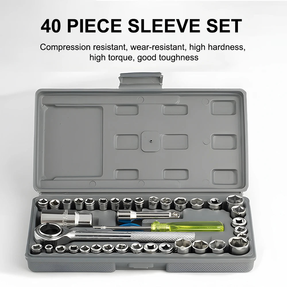 Podofo Socket Set with Ratcheting Wrenches 40 PCS Easy Using High Quality 1/4 Inch 3/8 Drive Carbon Steel Hardened Tempered Socket Mechanics Tool Kits Automotive Mechanical Tools Kit Tooling Kits For Car Maintenance