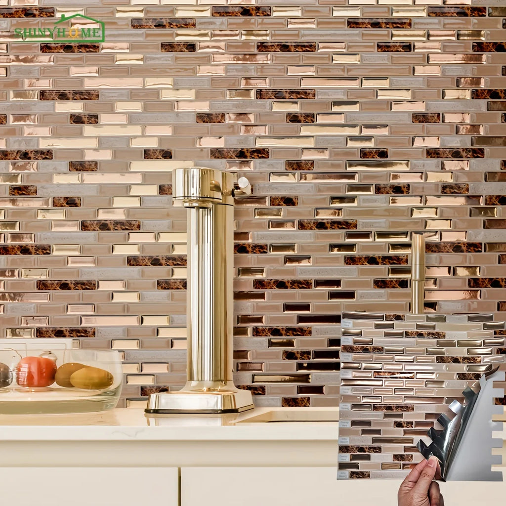 1/10/30 Sheets Gold Mosaic Self-Adhesive Wall Tiles Kitchen Backsplash Bathroom Home Wall DIY Decoration 11.8" x 12"