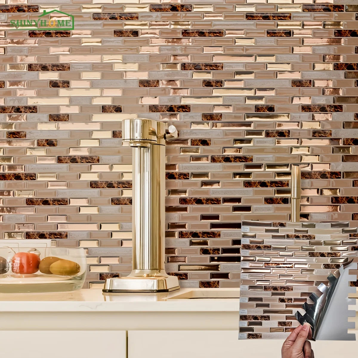 1/10/30 Sheets Gold Mosaic Self-Adhesive Wall Tiles Kitchen Backsplash Bathroom Home Wall DIY Decoration 11.8" x 12"