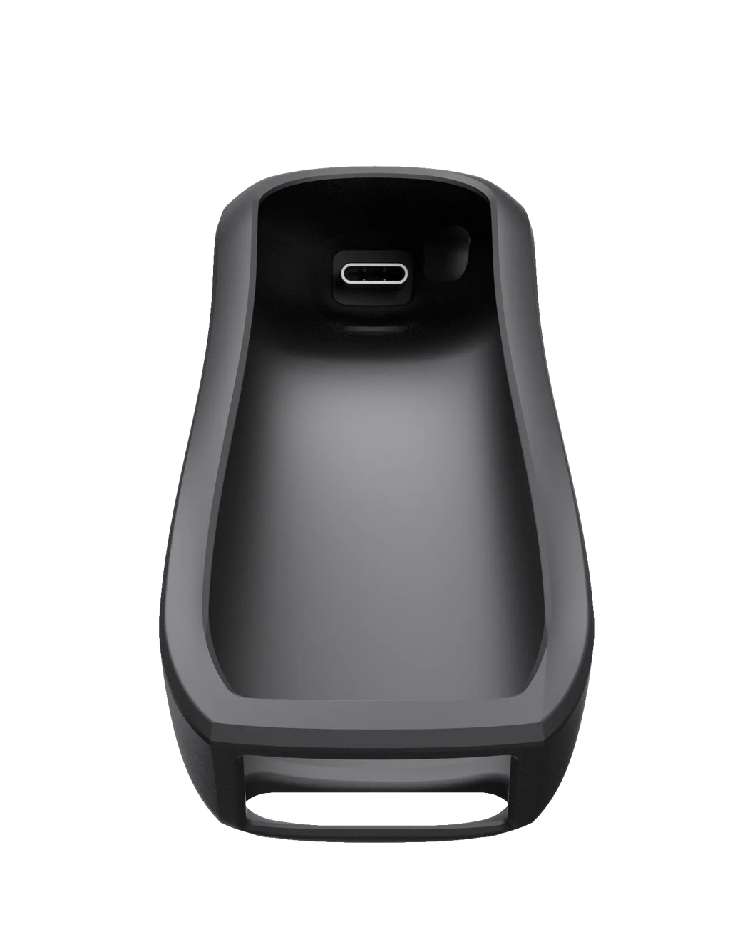 Barcode scanner charging base underside view with central USB-C style port cavity