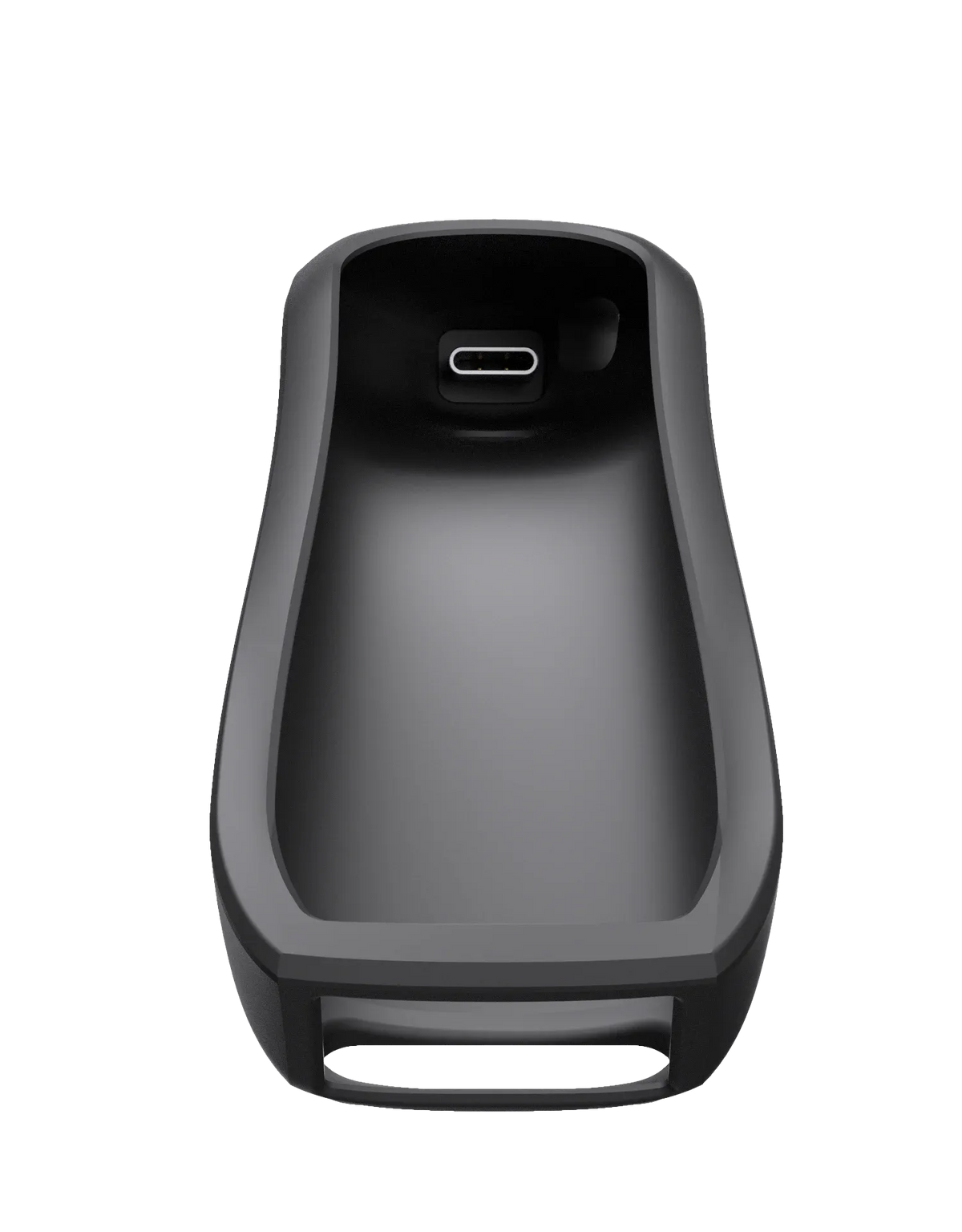 Barcode scanner charging base underside view with central USB-C style port cavity