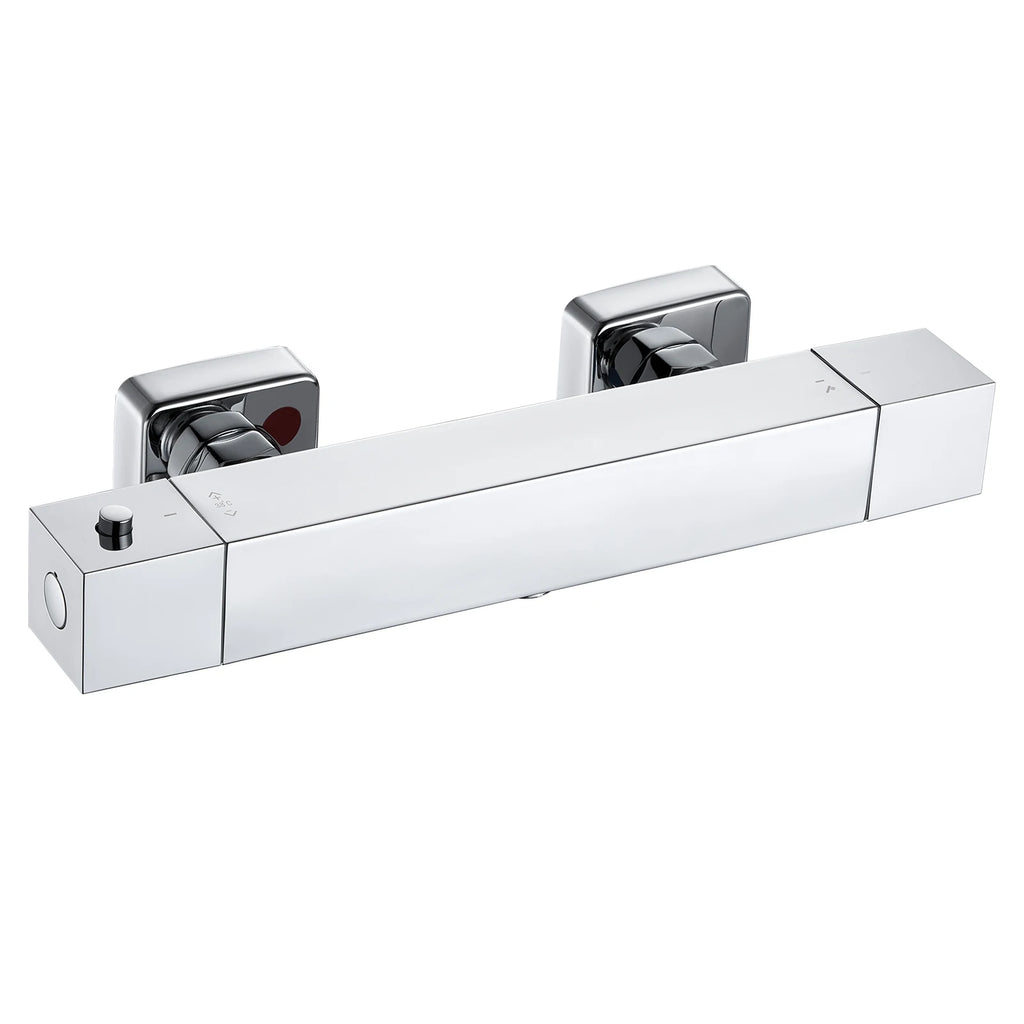 Square Thermostatic Shower Mixer Valve, Chrome Finish, Wall Mounted, 38°C Safety Lock, G1/2 Connection, Automatic Control