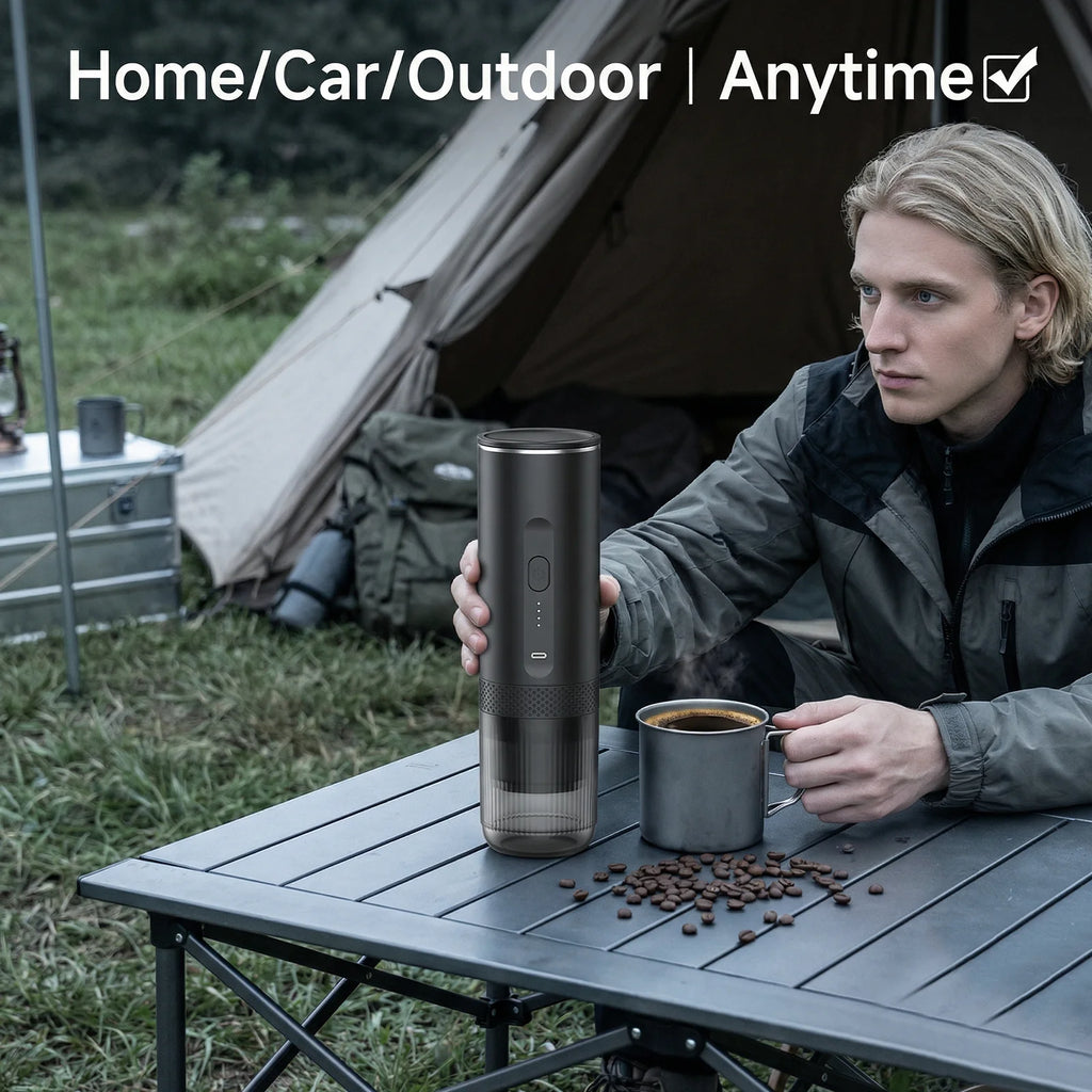 Portable matte black electric coffee maker for travel and camping, held by a man at an outdoor campsite.