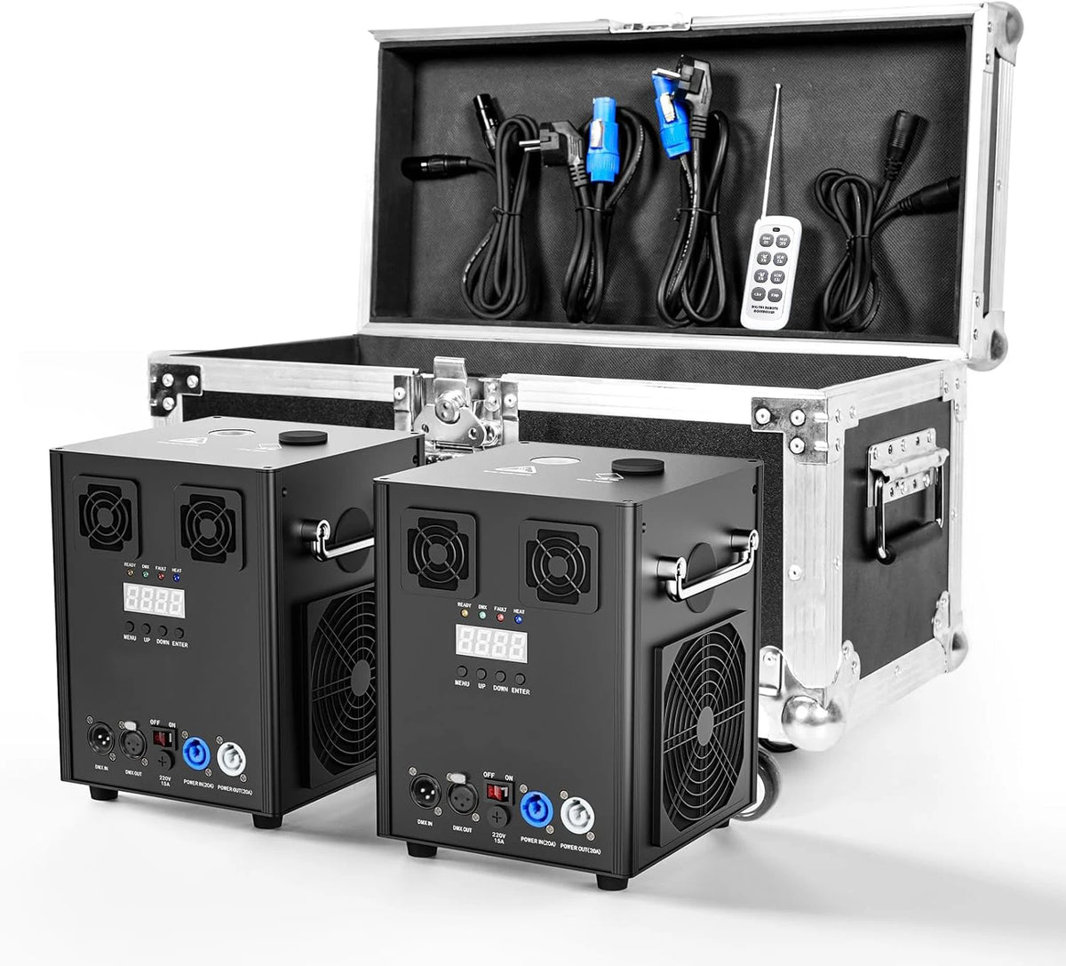 Cold sparks machine flight case with two units, cables, and wireless remote