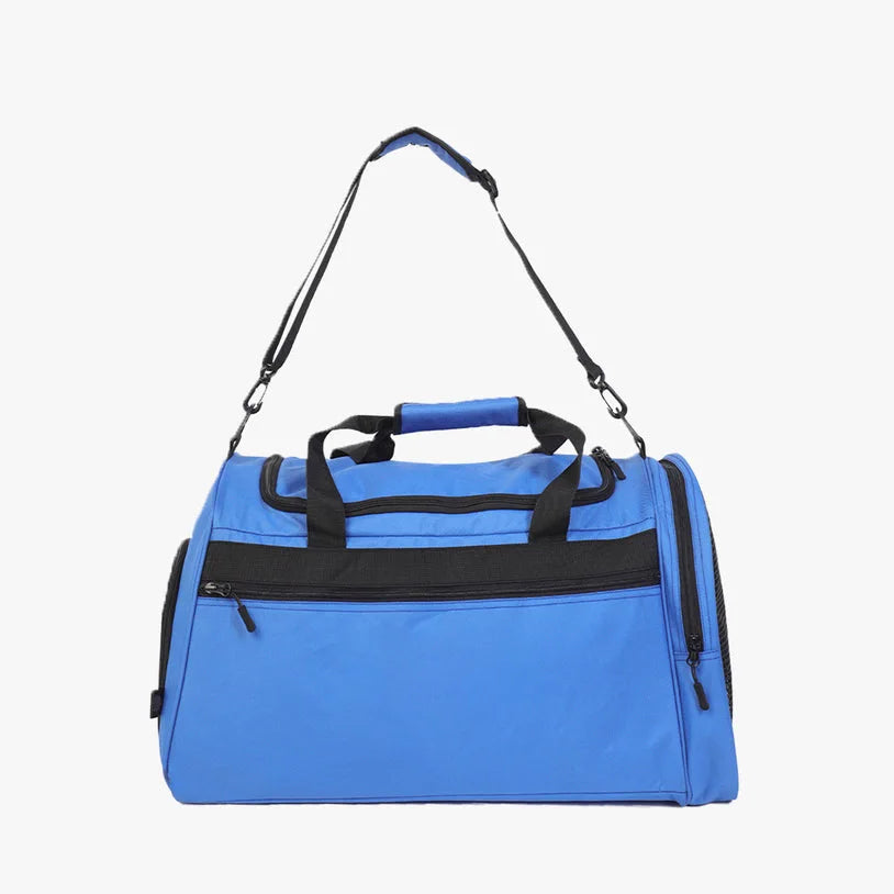 Blue nylon large-capacity gym trunk with crossbody strap, top handles, and durable black zippered storage pockets.