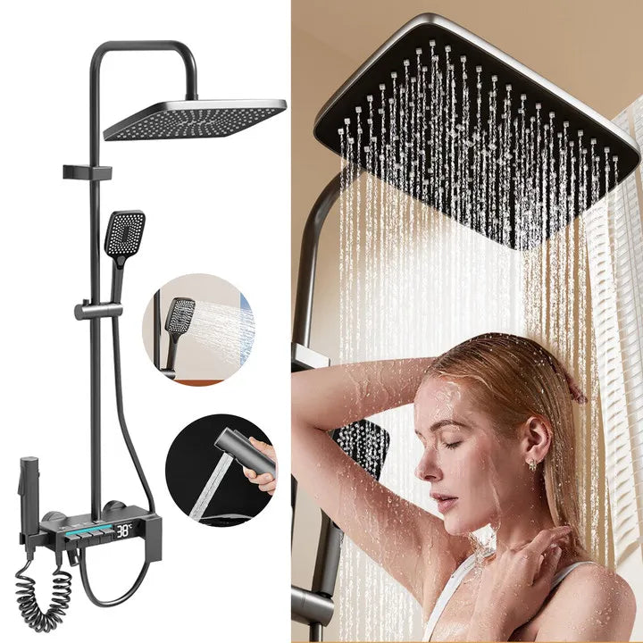 Thermostatic Rainfall Shower System with Digital Temperature Display, Handheld Shower Head Set, Adjustable Bathroom Shower Kit