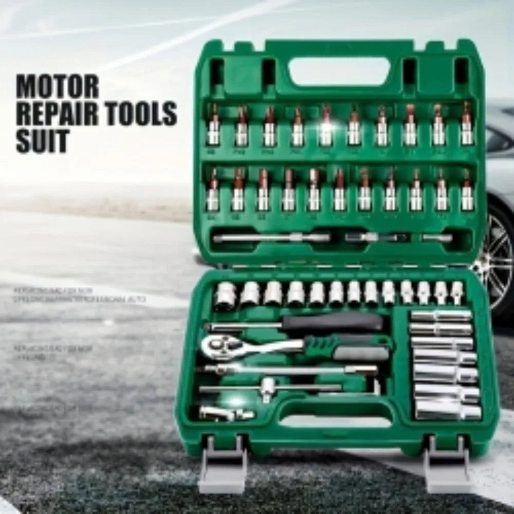 46-Piece 1/4" Ratchet and Socket Tool Set for Automotive Repair