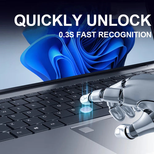 Silver 15.6" laptop with black keyboard, integrated fingerprint sensor on the trackpad, and Windows 11 blue wallpaper.