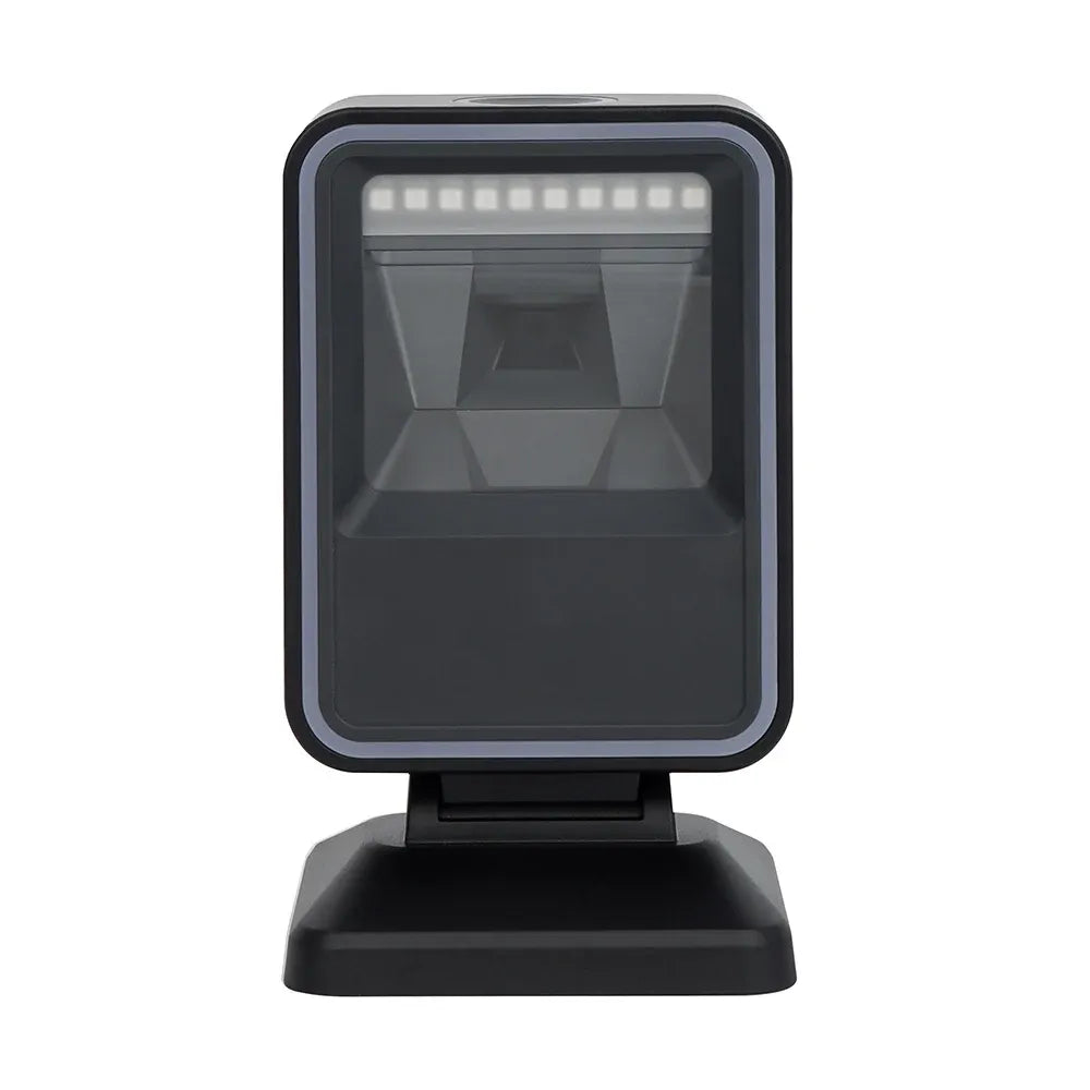 Desktop barcode scanner with scan window and black stand, front view