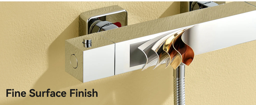 Square Thermostatic Shower Mixer Valve, Chrome Finish, Wall Mounted, 38°C Safety Lock, G1/2 Connection, Automatic Control