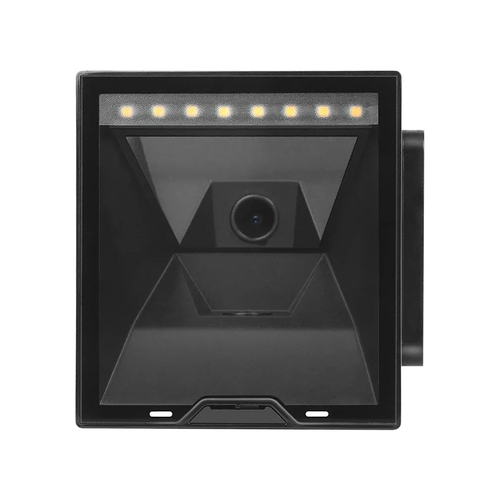 Close front view of embedded barcode scanner with camera lens and LED light bar
