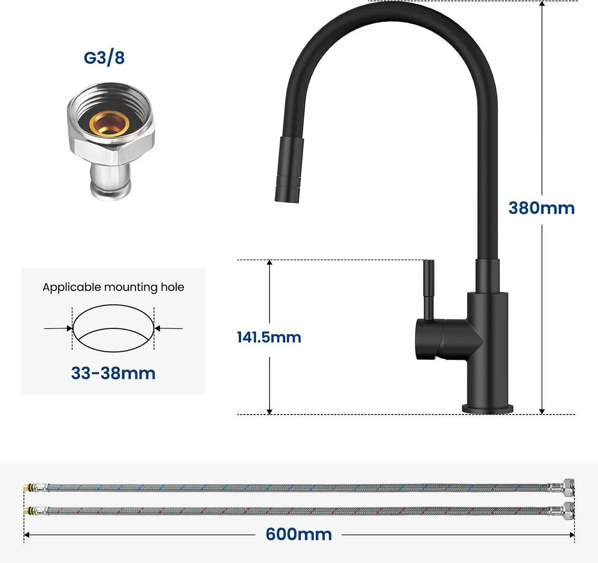 Black Kitchen Faucet with 2 Spray Types, Pull-Down Mixer, Hot and Cold Water, 360° Swivel
