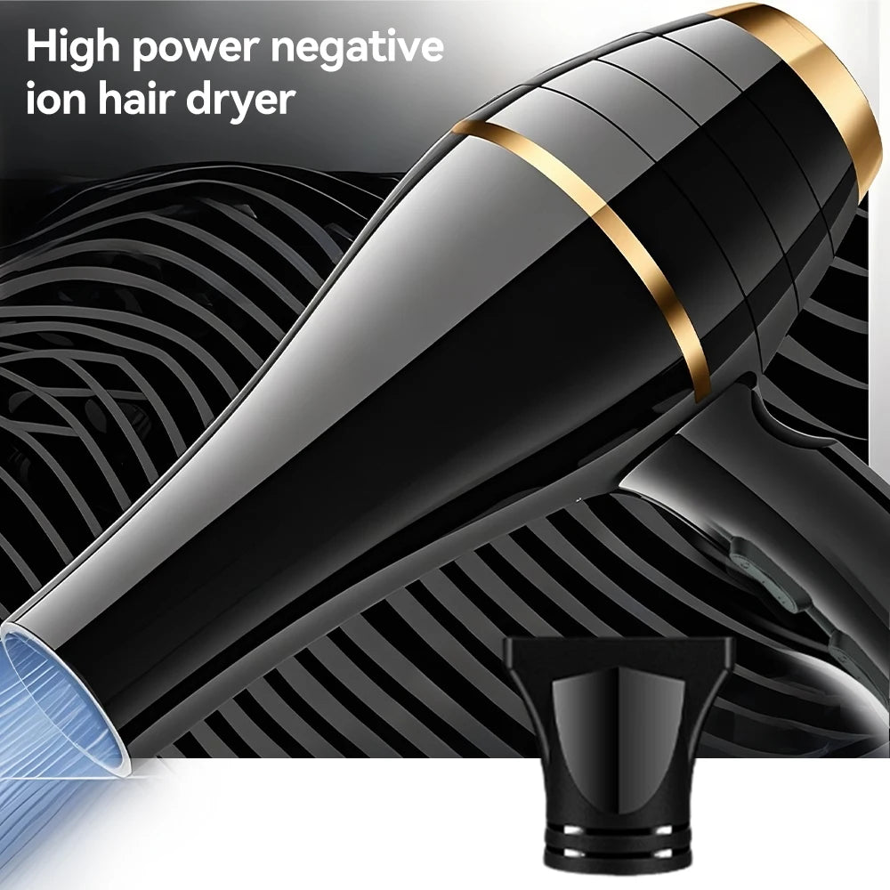 Black and gold professional negative ion hair dryer with nozzle attachment for fast, salon-quality hair drying.