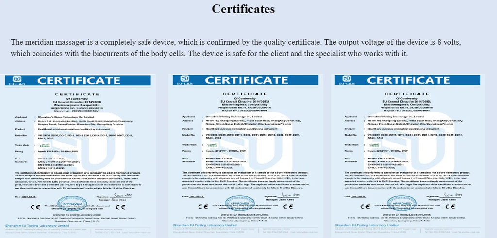 EU quality certificates for DDS bioelectrical household therapy body massager and meridian health device.