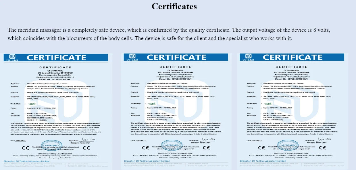 EU quality certificates for DDS bioelectrical household therapy body massager and meridian health device.