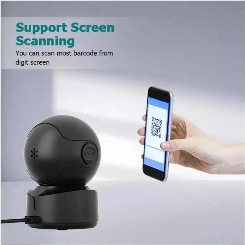 Black desktop barcode scanner reading a QR code from a smartphone held by a hand