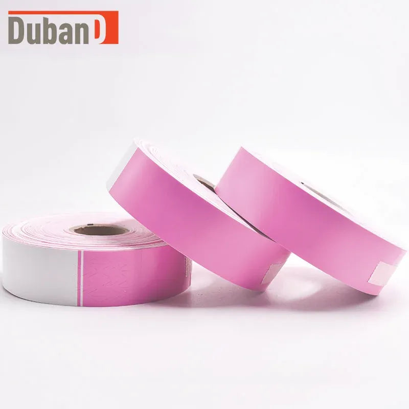 Thermal QR barcode wristband roll, pink self-adhesive strips on backing paper