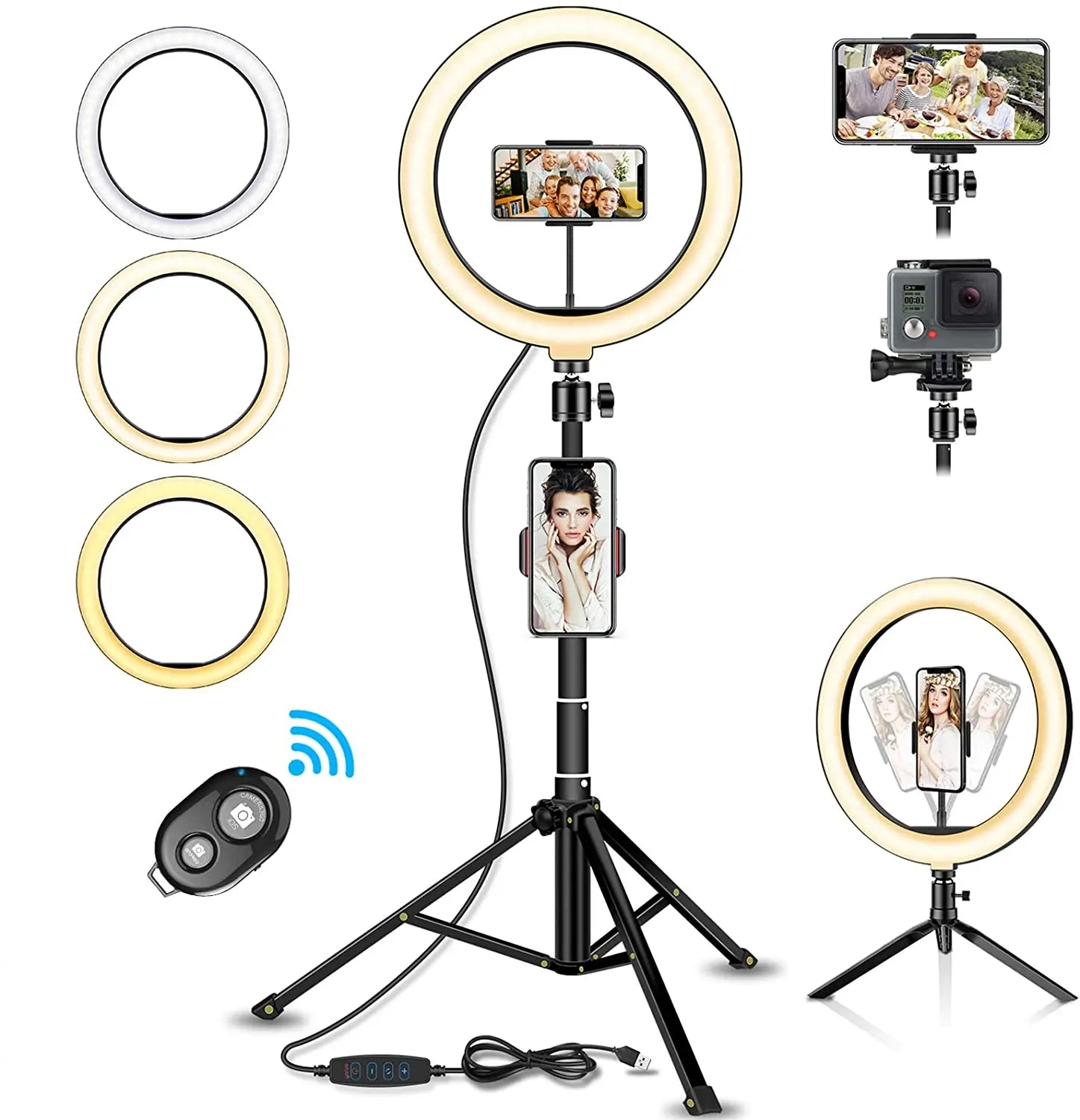 Adjustable black ring light with tripod stand, phone mounts, and Bluetooth remote for photography and video streaming.