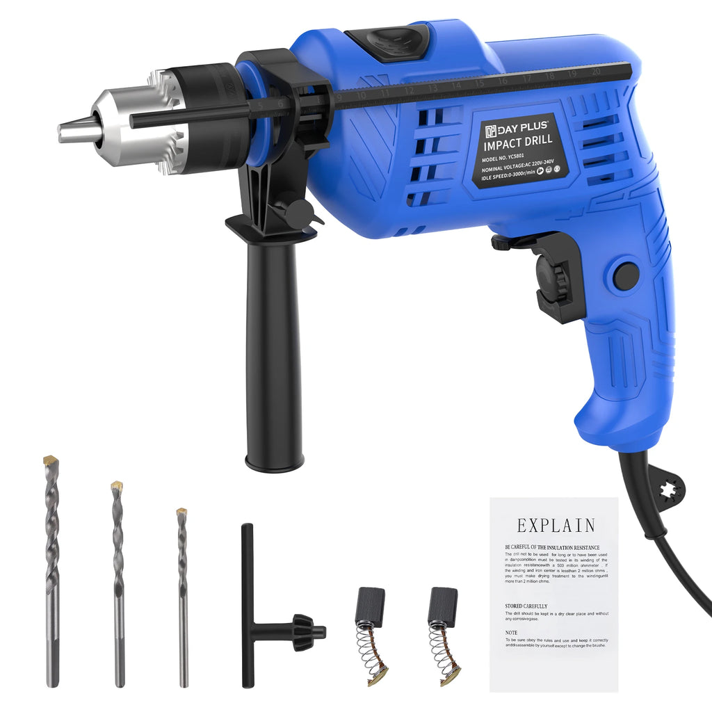 Electric Corded Impact Drill 2-in-1 Function 850W Hammer Drill, 0-3000 RPM Variable Speed Hammer Drill with 360° Rotating Handle, Powerful Drilling for Concrete, Wood, Steel, Stones