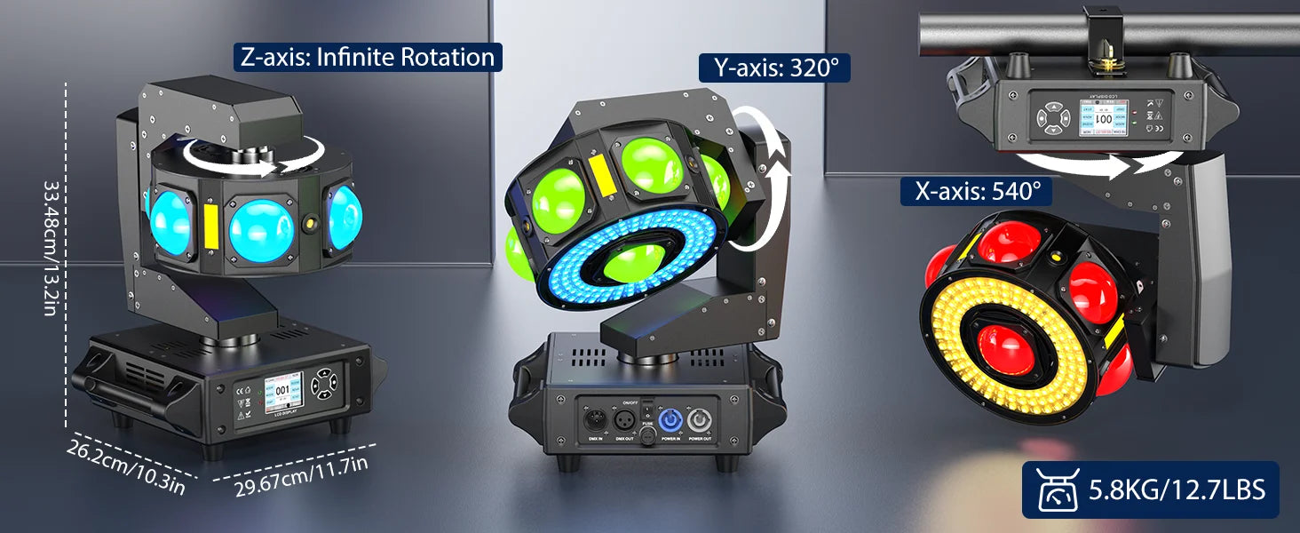 Fieryzeal 160W RGBW Beam Moving Head Light 3-Axis LED Stage Light 360 Rotation DMX Strobe Effect for DJ Disco Wedding Party