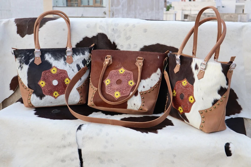 RABADA Western fur leather handbags with tooled floral patches, zipper closure, and dual carry straps.