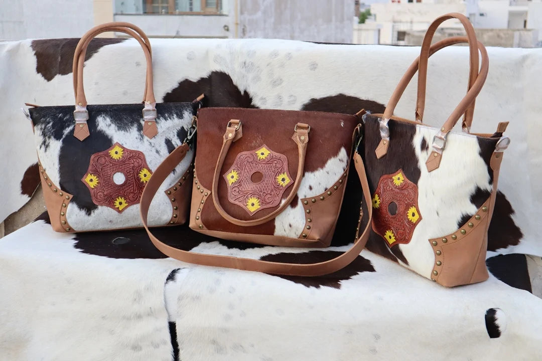 RABADA Western fur leather handbags with tooled floral patches, zipper closure, and dual carry straps.