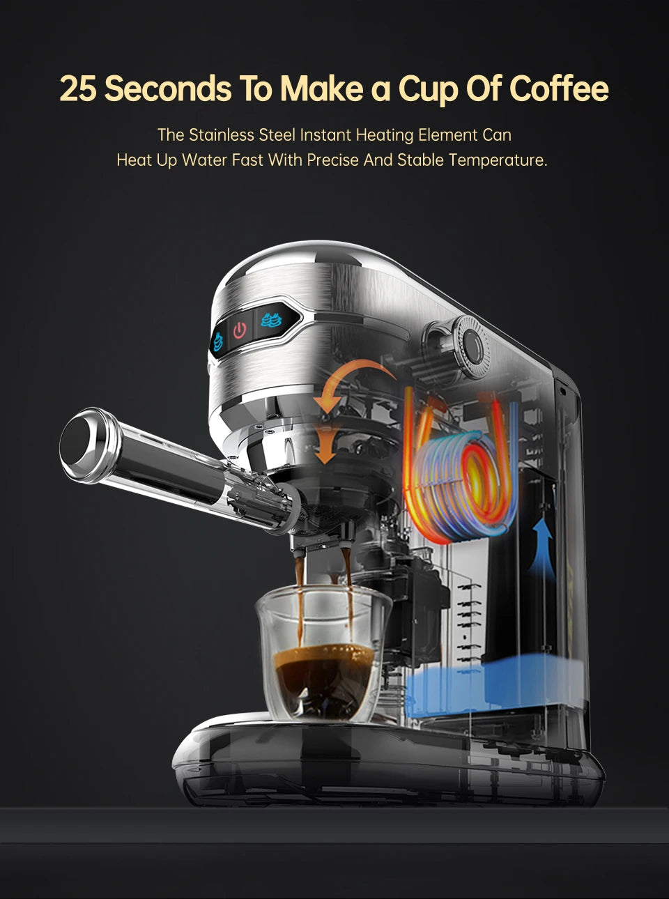 Stainless steel espresso machine with internal heating element diagram, brewing a shot of coffee in 25 seconds.