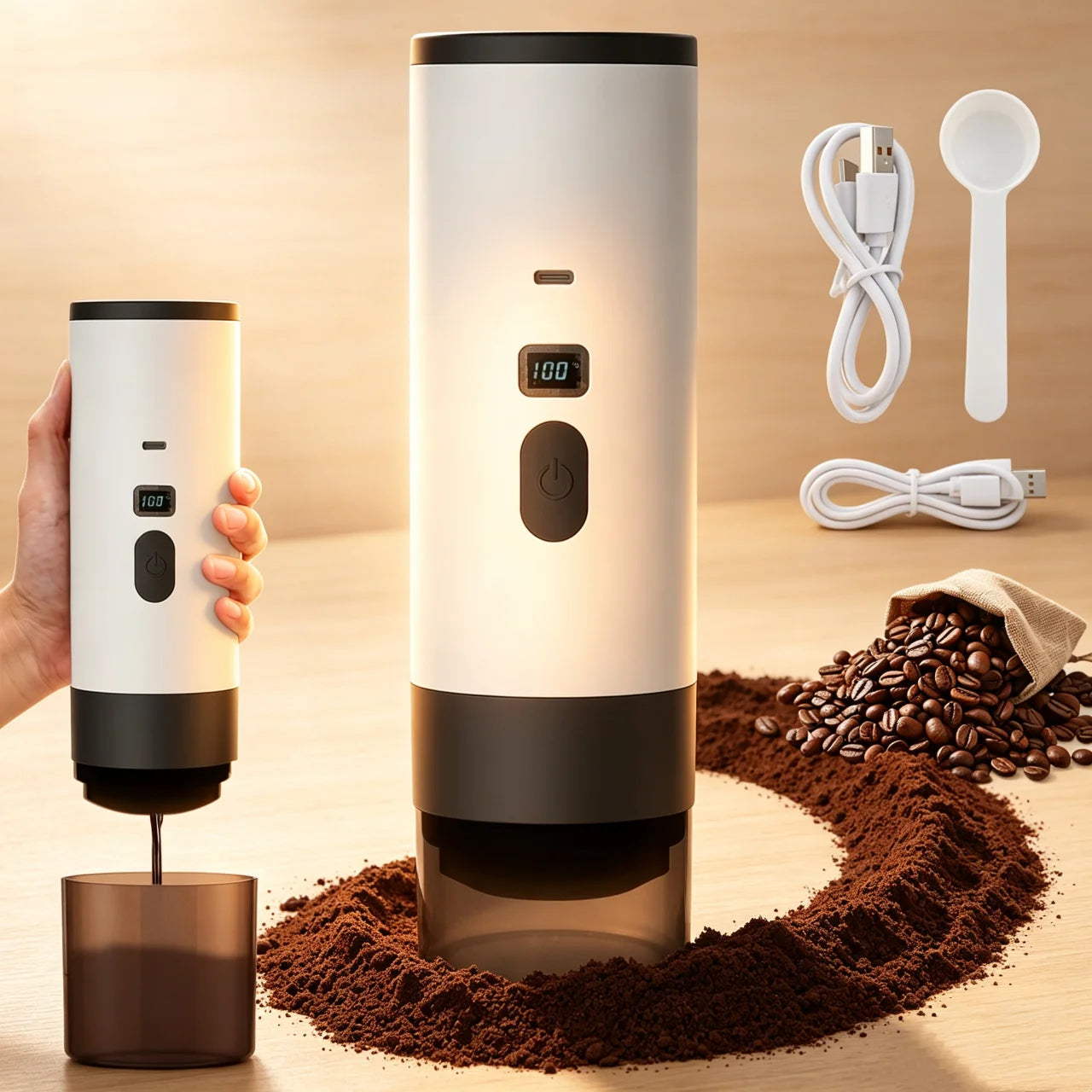 Portable white electric coffee grinder with LED display, USB charging cable, measuring scoop, and ground coffee beans.