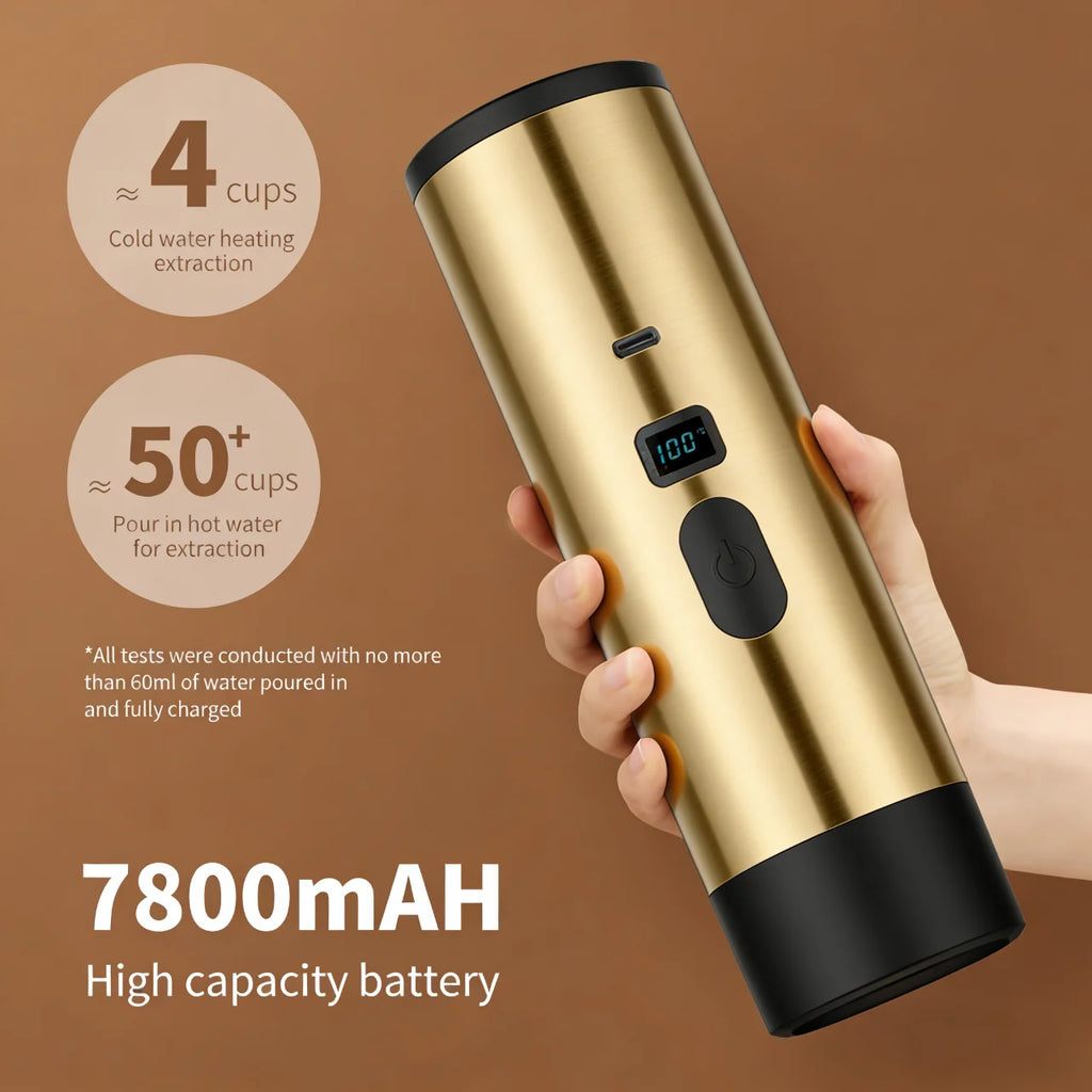 Portable gold stainless steel coffee maker with digital temp display, 7800mAh battery, and compact travel design.