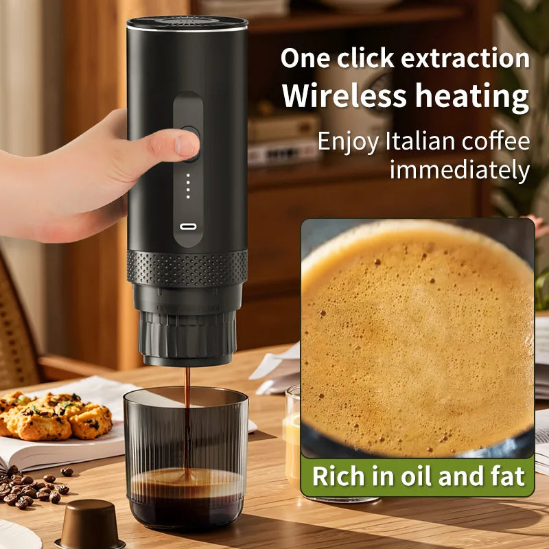 Portable matte black wireless electric espresso maker brewing fresh coffee into a ribbed glass cup.