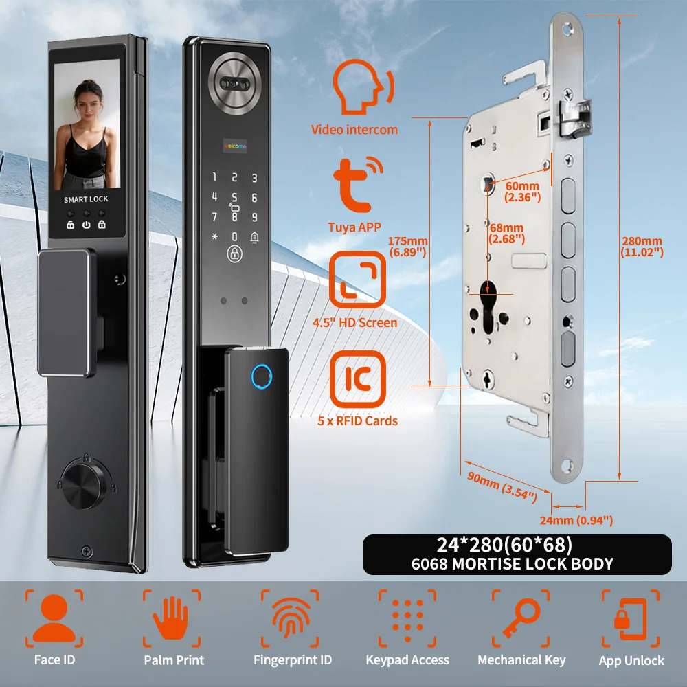 Tuya App Face Recognition Smart Door Lock with WiFi, Camera, and Voice Intercom