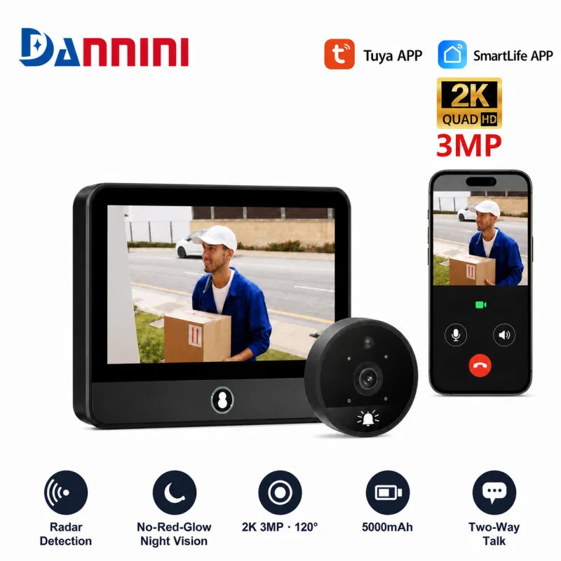 Danmini 4.3inch IR-CUT SmartLife Door Peephole Camera WiFi Tuya 2K 3MP 120° Doorbell Night Vision Digital Door Video Eye