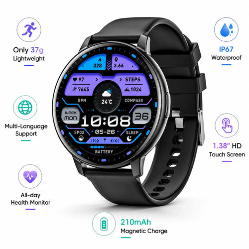 Black smartwatch with 1.38-inch full touch screen and fitness health display
