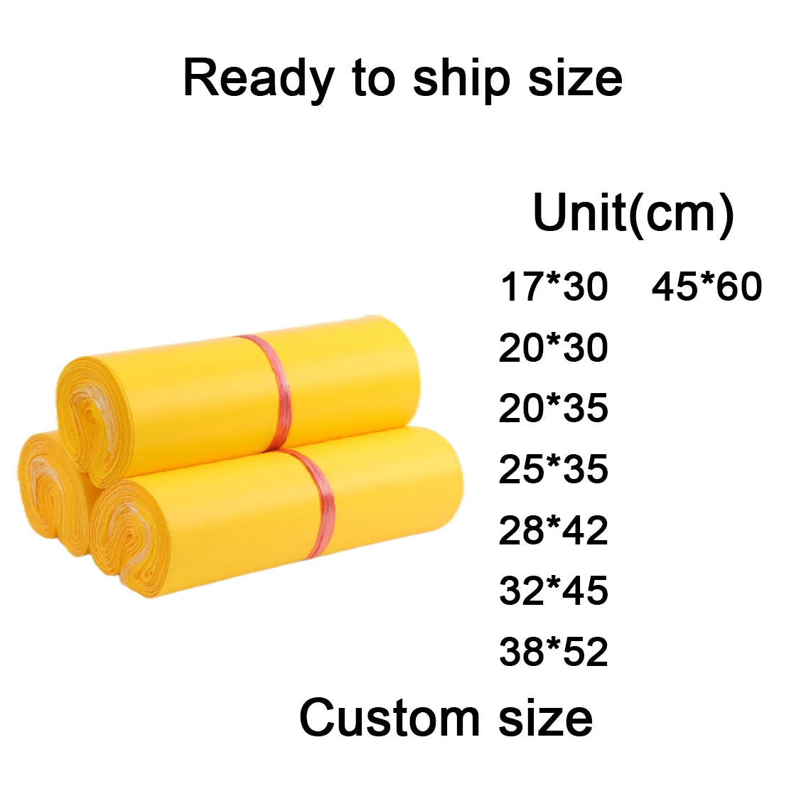 Rolled bright yellow plastic polymailer mail bags for shipping clothing