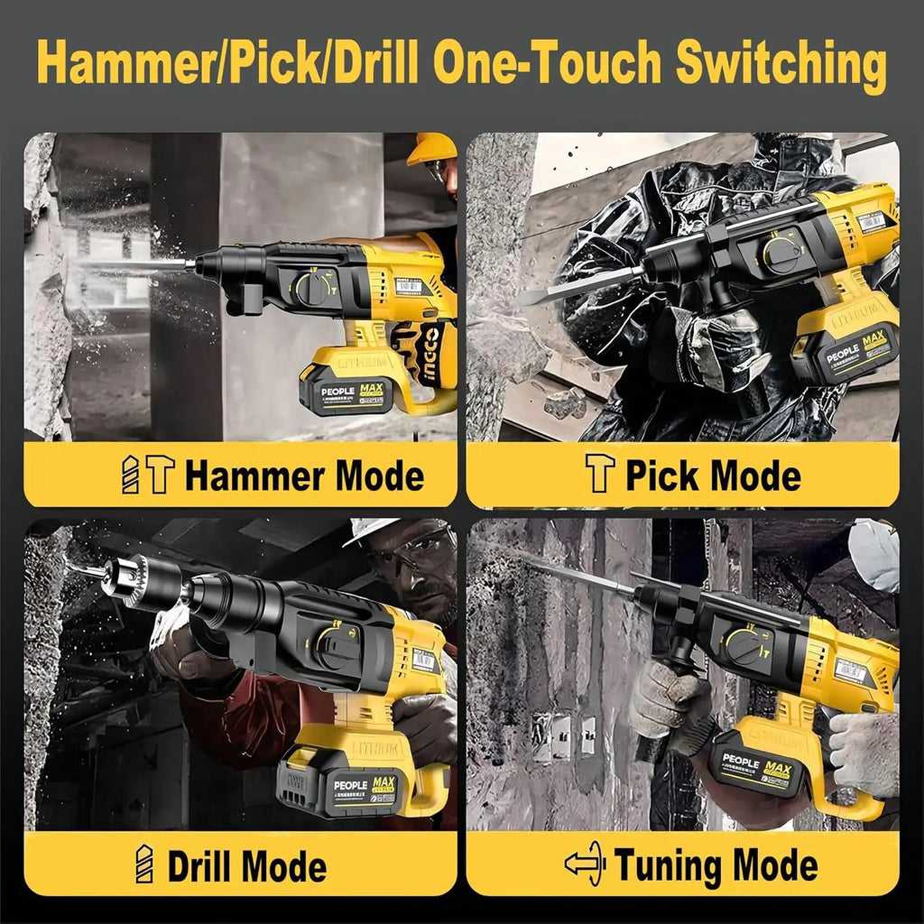 26MM Brushless Electric Hammer Drill Cordless Rotary Hammer High Power Rechargeable Power Tool Multifunctional Impact Drill for Concrete Wood Metal Compatible with Dewalt 18V Battery Home Workshop Construction Use
